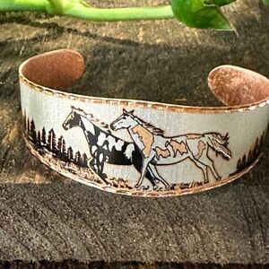 Handmade Boho Estuarian Bracelet, Wide Cuff Appaloosa Horses Bracelet, Gift Box